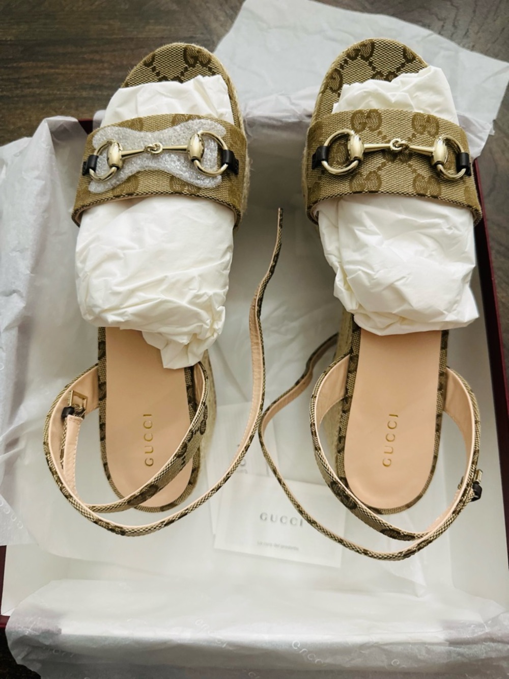 Gucci Tan Monogram Horsebit Slingback Sandals